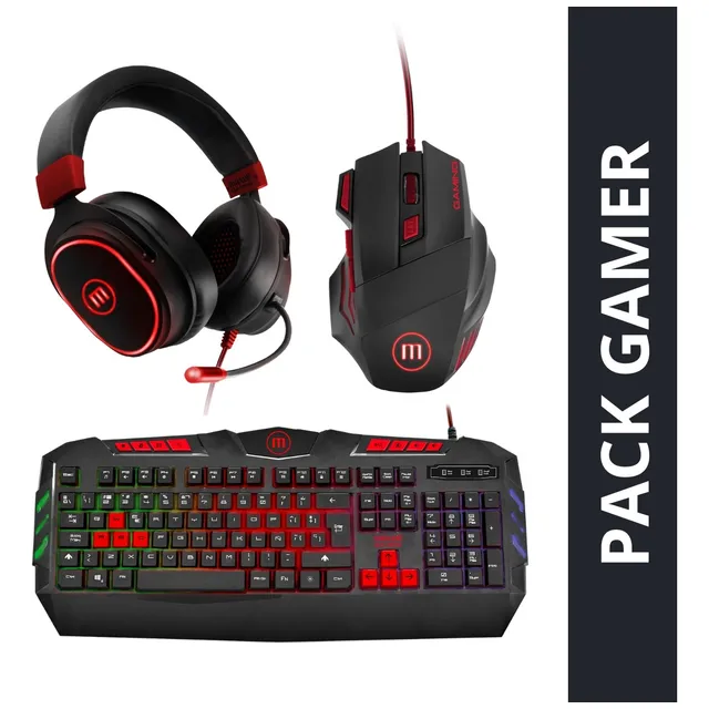 Kit Pack Gamer Maxell Audífonos Teclado Mouse Samurai Negro