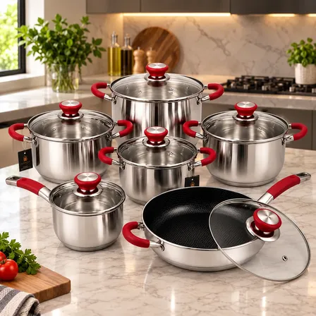 Conjunto Panelas Francesas Genebra 12 Peças Inox E Vidro Vermelho