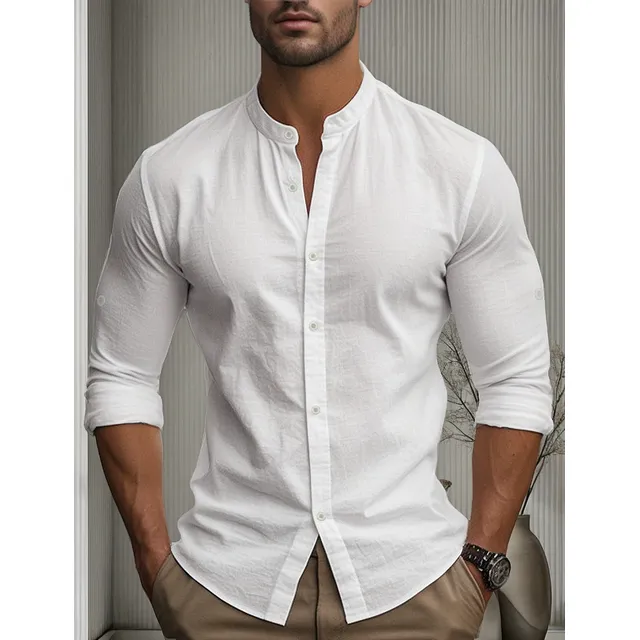 Camisa Casual Hombre  De Lino Corte Entallado Y Cuello Alto