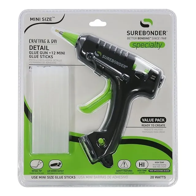 Pistola De Silicon Surebonder Punta Fina Con 12 Mini Barras Color Negro Con Verde