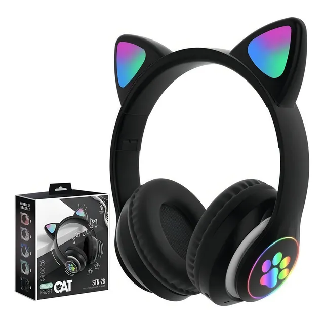 Audífonos Gamer Inalámbricos Cat Stn-28 Gatita Con Luz Led Color Negro