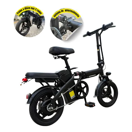Bicicleta Elétrica Scooter Dobrável Amortecedor Duplo V2 Preto