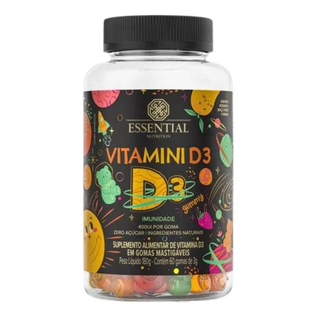 Vitamini D3 Essential Nutrition 60 Gomas 3g 180g Sabor Morango Manga Maçã verde