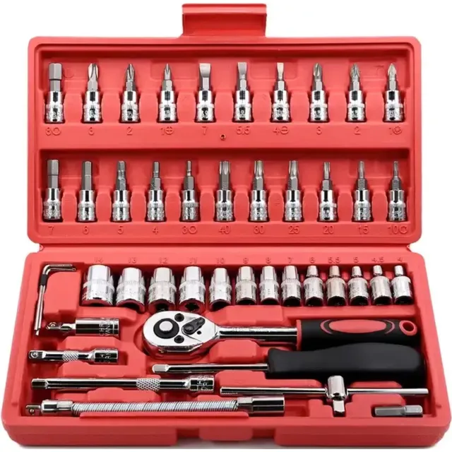 Juego De Herramientas De Puntas Y Rachet Con Copas X 46pcs