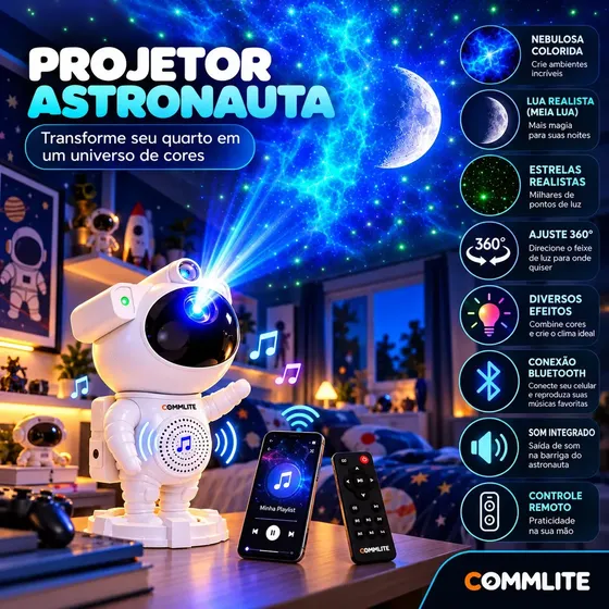 Projetor Astronauta Galáxia Nebulosa Luminária LED Bluetooth Caixa Som Controle Remoto 360° Luz Notu