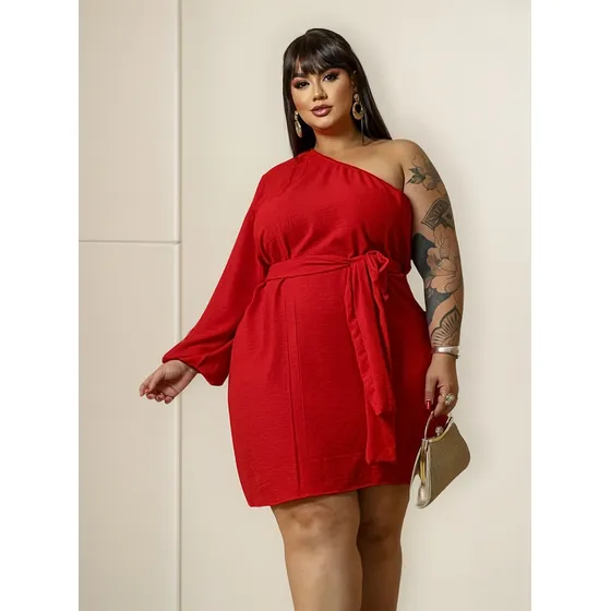 Vestido Curto Plus Size Um Ombro Só Mula Manca Elegante Luxo