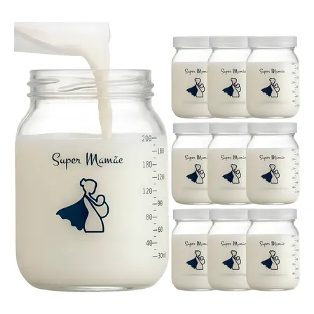 Kit Com 10 Potes De Vidro P Leite Materno C/ Graduação 200ml
