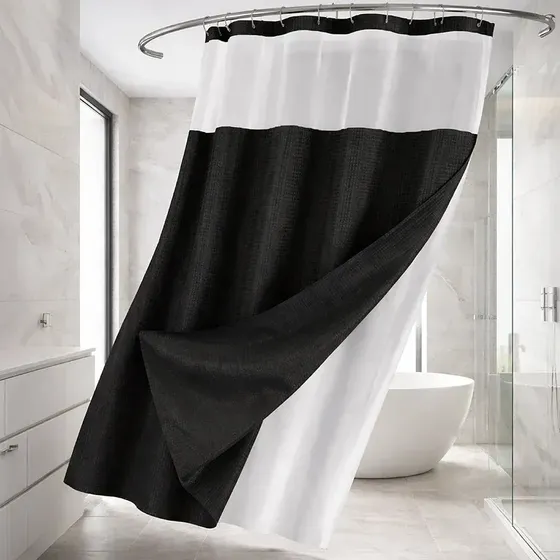 Cortina De Baño Tela Waffle Impermeable 180x180 cm Con Forro Mas 12 Ganchos Acero Resistente Agua Para Ducha Bañera Antihongos Lavable Facil Instalacion Moderna Elegante Color Negro Casa Nerola