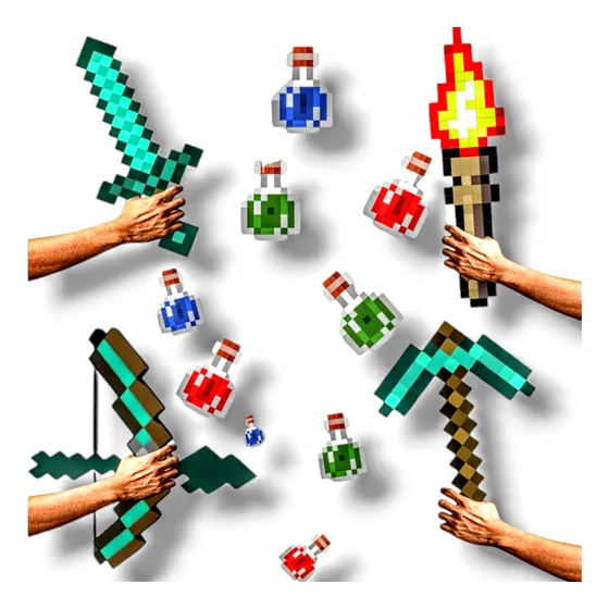 Kit 12 Itens Mine Pixel Espada Picareta Arco Tocha Brinquedo