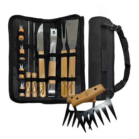 Pack Set Asado Parrilla 10 Uds + 2 Garras De Oso Inox
