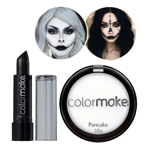 Kit Halloween Completo Pancake Branco + Batom Preto Artístic