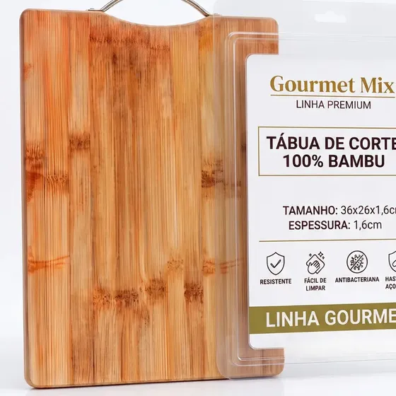 Tábua de Corte de Bambu Retangular 36x26 cm com Alça de Inox