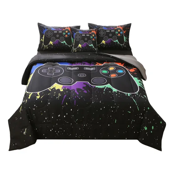Juego De Edredón Gamer, 6 Piezas, Negro, Talla Full