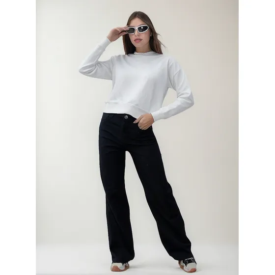 Pantalón Mujer Anyver Jeans Wide Leg Denim Negro Tiro Alto