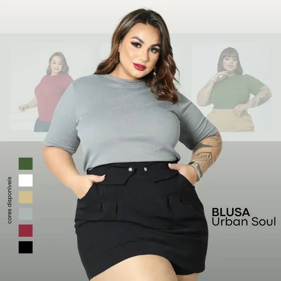 Blusa Blusinha Canelada Gola Com Manga Curta Plus Size