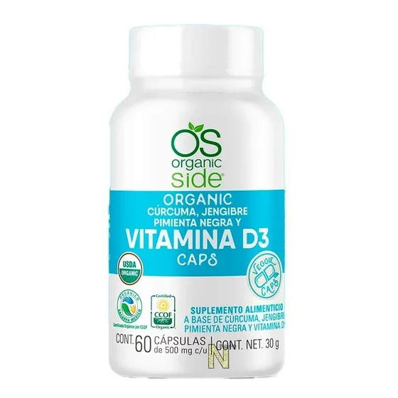 Vitamina D3 Cúrcuma Jengibre Y Pimienta Orgánica 60 Cápsulas Sin Sabor Organic Side