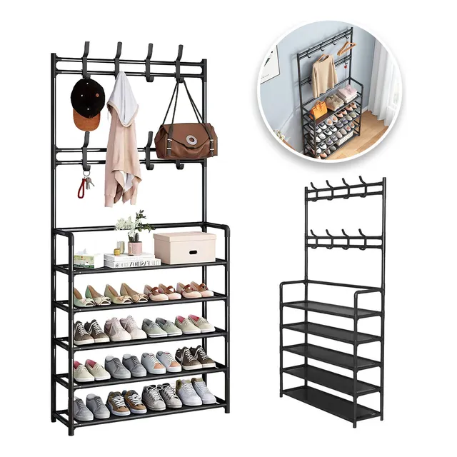 Zapatero Perchero Rack Organizador Ropa Closet Mueble Hogar Metalico 8 Ganchos 5 Niveles Negro ZEMOKLY