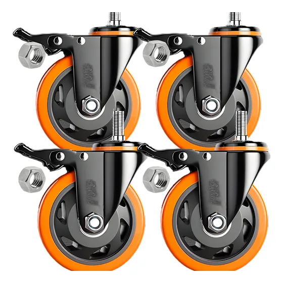 Kit 4 Rodinhas Para Moveis Pesados Com Espiga Rodízio Roda Grande Reforçada Giratória Com Trava 3 Polegadas 75mm Laranja Marca Rrj