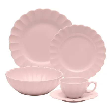 Aparelho De Jantar 20 Peças Dalia Flora Oxford Porcelana Rosa-claro Liso Com Alto Relevo