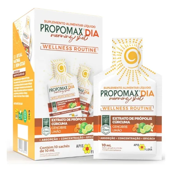 Propomax Dia Morning Shot Energia Limão Gengibre 10 Sachês Sabor Própolis Cúrcuma Limão E Gengibre