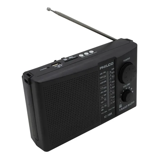 Radio Portátil Am/ Fm Recargable 3 Bandas Ic18r, Philco Color Negro