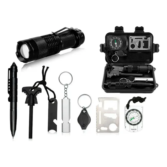 Kit Tactico De Supervivencia Emergencia 10 En 1 Con Estuche Color Negro