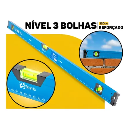 Nível 120cm 3 Bolhas Profissional Alumínio Bramix Obras