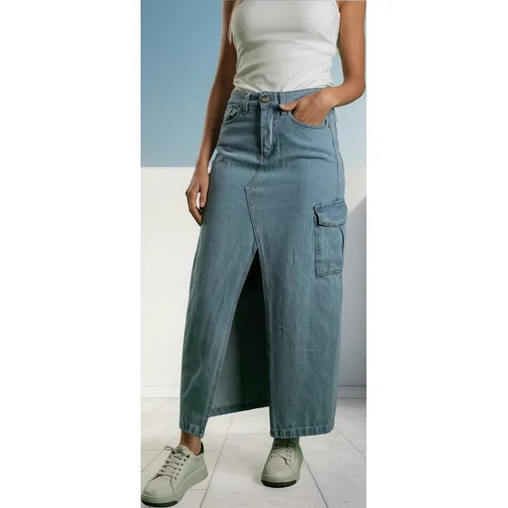 Pollera Cargo De Jean Larga Falda Denim Larga Bolsillos