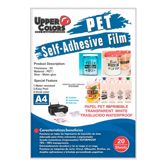Papel  Adhesivo Transparente Pet Impresoras Inkjet A4x20h.