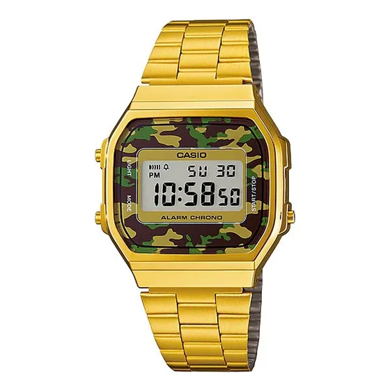 Reloj pulsera digital Casio A-168wgg con correa de acero inoxidable color dorado - fondo gris/camuflado