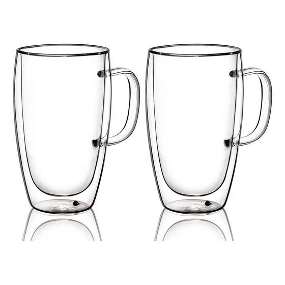 Set 2 Tazas Altas Vidrio Doble Pared Fondo Curvo 450ml Kb-03