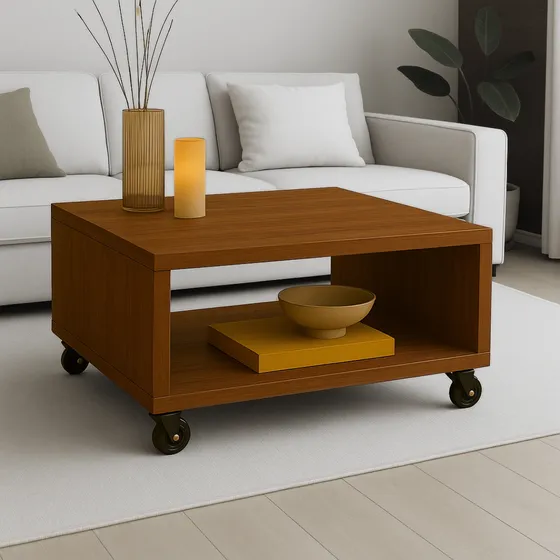 Mesa De Centro Movil Con Ruedas Minimalista Nogal