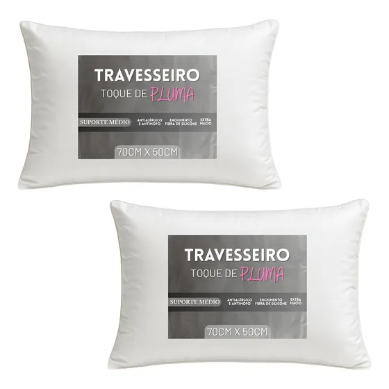 Kit Par De 2 Travesseiros Toque De Pluma 70cm X 50cm Macio