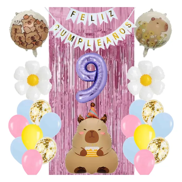 Combo Deco Feliz Cumpleaños Globos Capibara Tonos Rosas