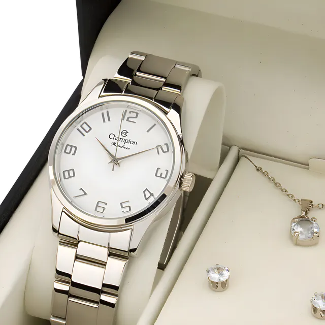 Relógio Feminino Prata Champion Kit Colar E Brincos