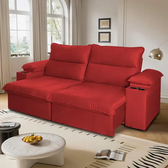 Sofá Retrátil Tesla 2,60m Usb E Porta Copo Suede Vermelho