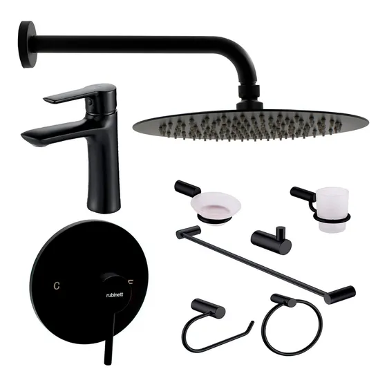 Regadera 25 Cm Set Completo 9 Pz 2 Monomandos Negro Mate  