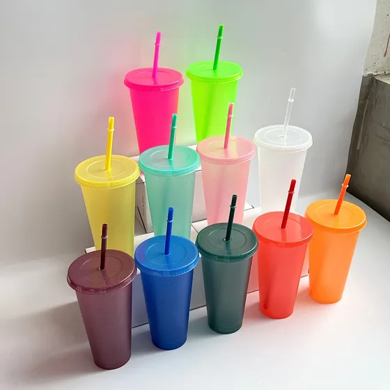 10 Vasos Reutilizables Plástico 710 Ml C/tapa Y Popote