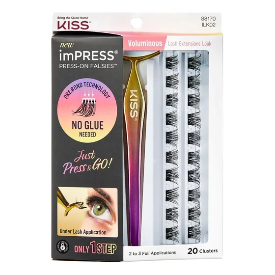 Pestañas Postizas Con Aplicador Kiss Impress Falsies Voluminous Color Negro X20 Clusters