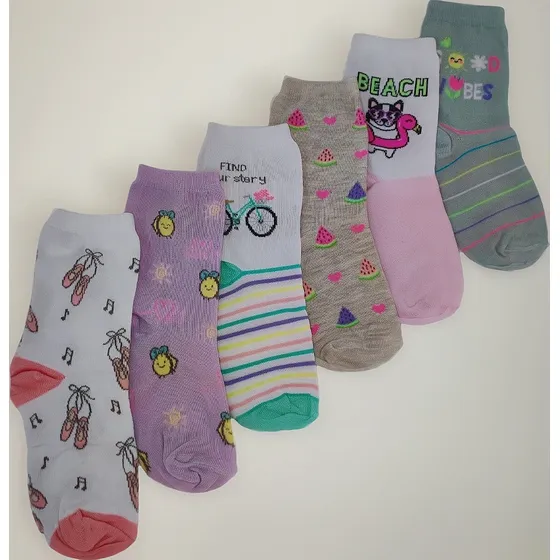 Kit Com 6 Pares Meia Para Meninas Estampada Selene