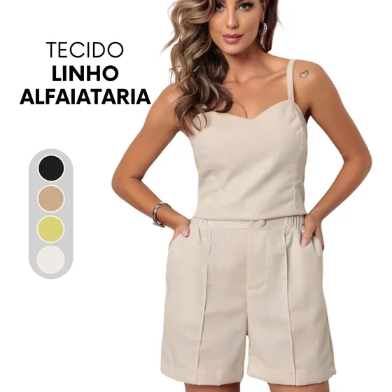Conjunto Feminino Blusa + Shorts Tecido Linho Alfaiataria
