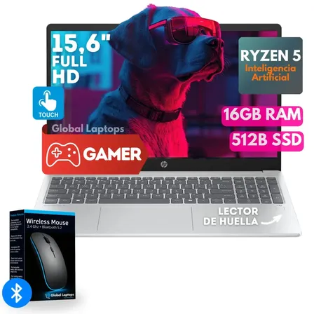 HP Gamer Ryzen Ai 5 16GB Ddr5 512GB Ssd Pantalla táctil 15.6 Fhd 1920 px X 1080 px Amd Radeon Graphics Laptop 15-fn0105 Con Regalo