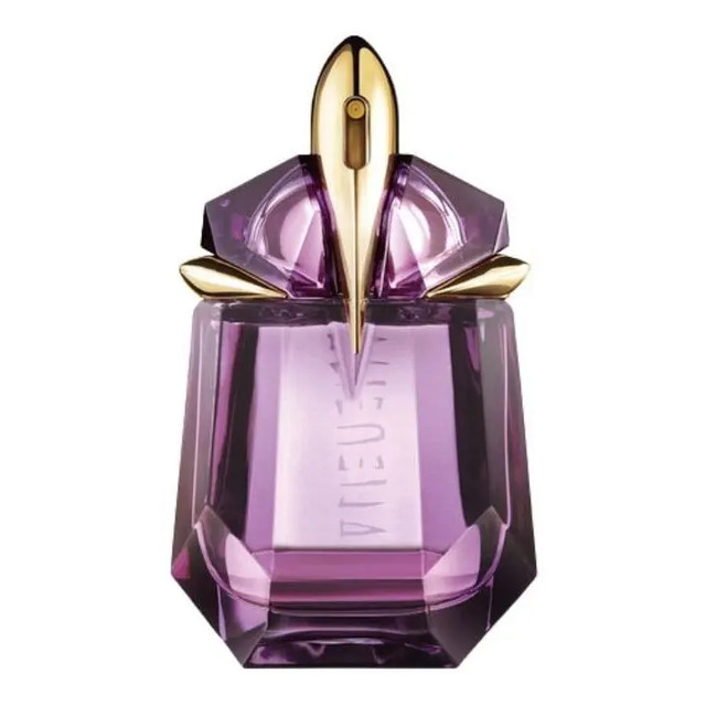 Frasco de perfume feminino Alien Eau de Toilette da Thierry Mugler de 30ml, com design em vidro roxo facetado e detalhes em dourado.