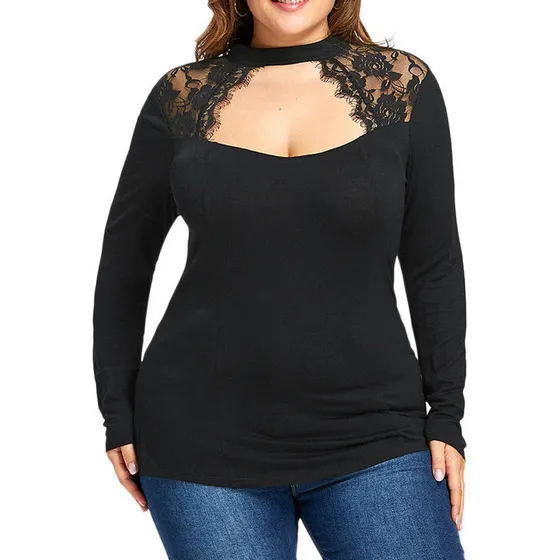 Blusa Casual De Encaje De Talla Grande De Manga Larga