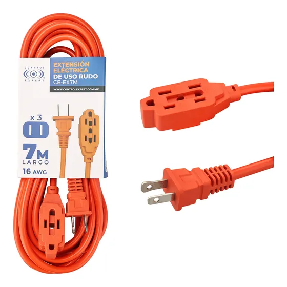 Extensión Eléctrica Uso Rudo 7 Metros Reforzada Color Naranja