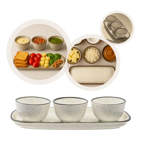 Petisqueira Bandeja Retangular 3 Bowls Servir Brisa Oxford