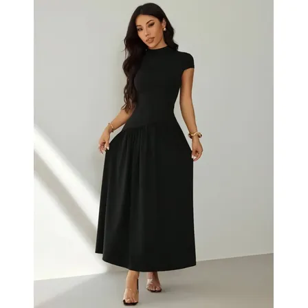 Vestido Feminino Longo Manga Curta Social Moda Evangelica Preto Único