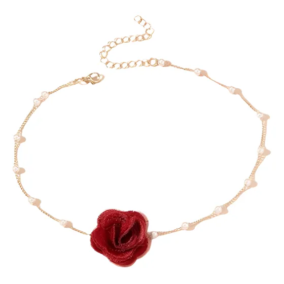 Collar Choker Con Perlitas Y Flor De Tela