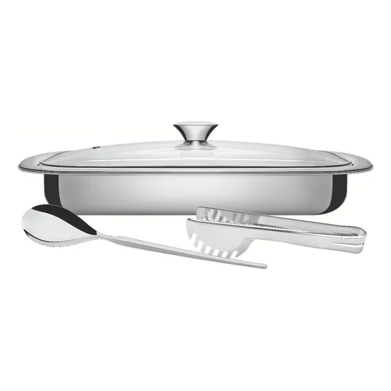 Kit Para Assar E Servir Cosmos 3 Peças Aço Inox com Tampa de Vidro Cinza Tramontina