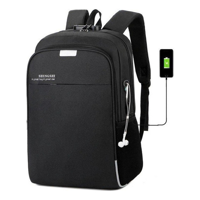 Mochila Anti Furto Com Cadeado Notebook Saida Cabo Aux Usb Fone Ouvido Cor Preto